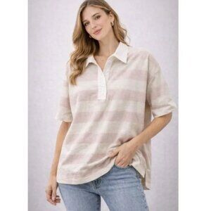 NWT Everlane Organic Cotton Oversized Polo Shirt Cream Pink Stripe Size XS
